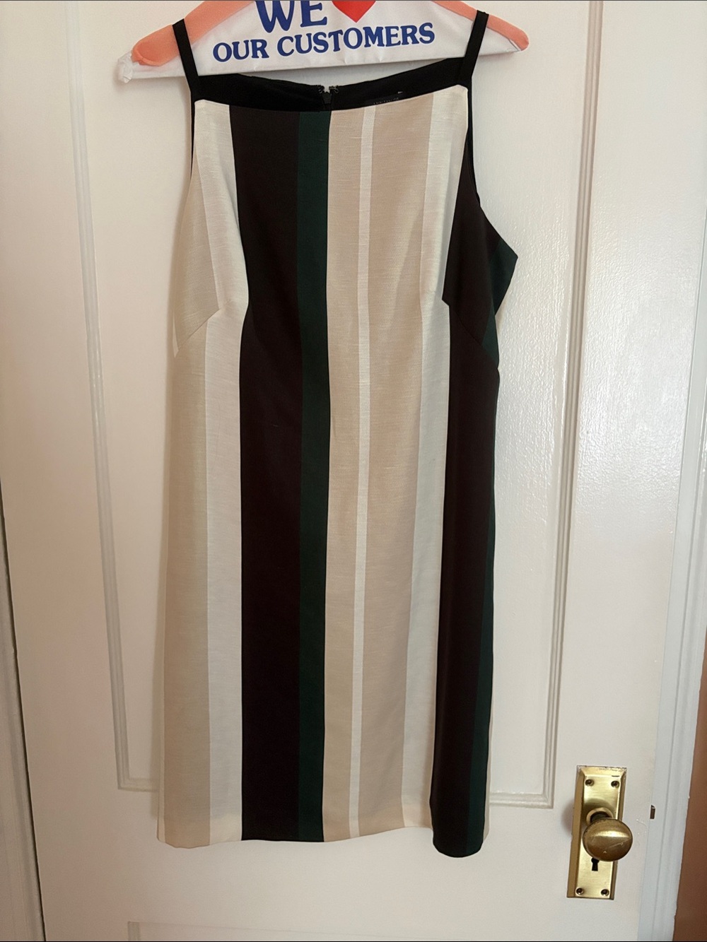 Ann Taylor Striped Linen Sleeveless Shift Dress in Cream, Black & Forest Green